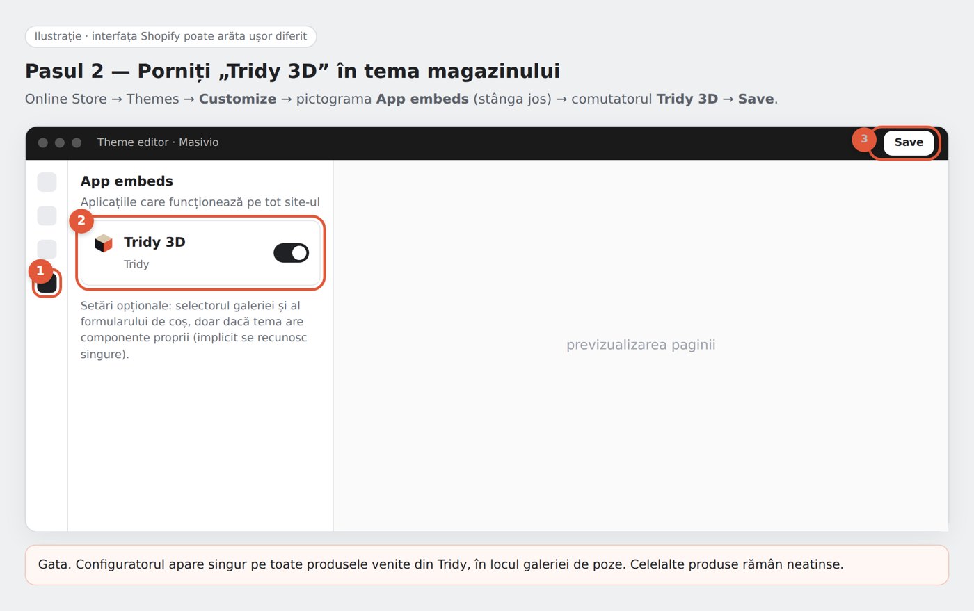 Pornirea Tridy 3D în editorul temei
